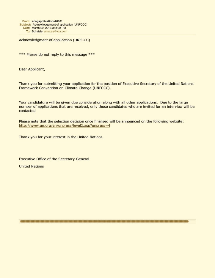 Acknowledgement of application UNFCCC